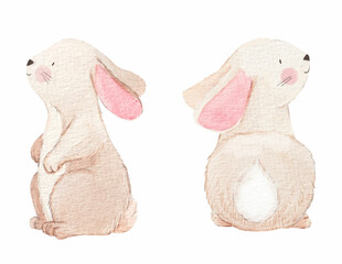 Beautiful stock illustration with hand drawn watercolor cute little rabbit animals. Clip art.