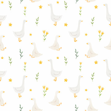Beautiful children's seamless pattern with cute hand drawn watercolor goose bird. Stock illustration.