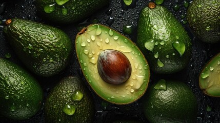Generative AI, Macro Fresh Juicy half and whole of green avocado fruit background as pattern. Closeup photo with drops of water - obrazy, fototapety, plakaty