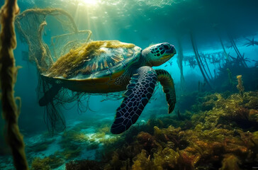 Obraz premium turtle swimming with a fishing ne in his body, generative ai