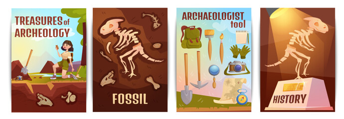Obraz premium Cartoon set of posters with scientist archaeologist with old artifacts. Excavation tools for search archeology treasures, fossil animals, prehistoric dinosaur skeleton in ground and museum of history.