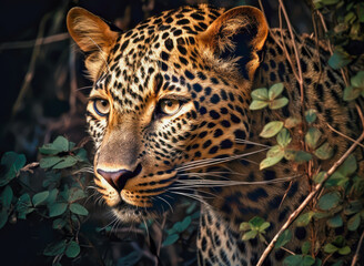 leopard stalking out the bushes, close up, generative ai