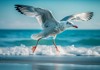 a seagull bird in the air with feet at the surface, generative ai - obrazy, fototapety, plakaty
