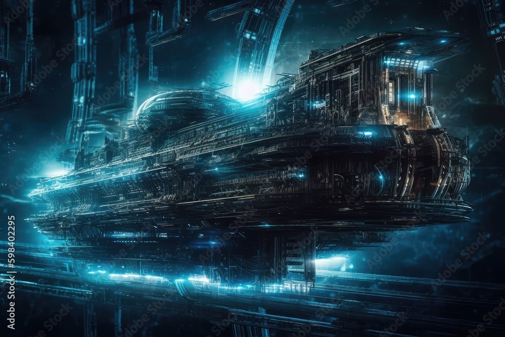 Poster gigantic spaceship travel into a quantum world. distinct generative ai image. generative ai