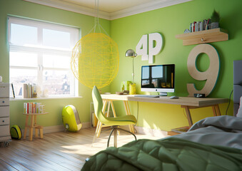 Modern boy's children's room and the necessary accessories. Real boy's room or teenage children's room and its everyday objects. Modern design. AI generated illustration.