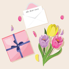 Obraz na płótnie Canvas Group of items for Happy Mother's Day. Tulips, gift box and envelope. . Generative AI