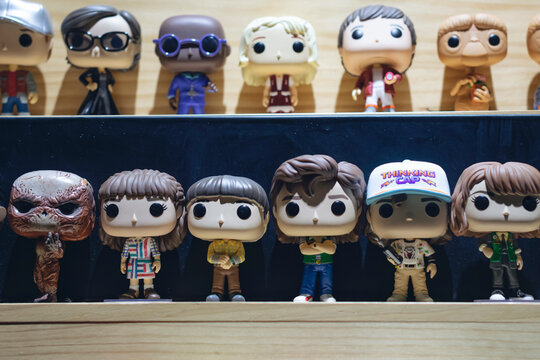 Granada, Spain: April 23, 2023: Funko pop vinyl figures of television characters (stranger things, Steve Harrington, Dustin Henderson, Will Byers)