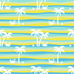 Fototapeta na wymiar Cute colorful summer seamless vector pattern with palm trees, crabs and shells