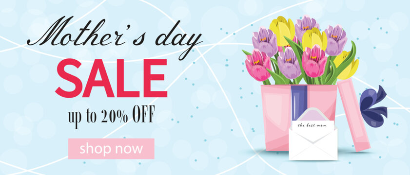 Beautiful abstract floral advertising banner for Happy Mother's Day. Sale banner. Generative AI