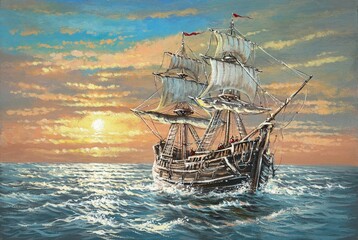 Old ship in the ocean.  An old sailing galleon floats in the ocean, sunset, sails, waves. Pirate ship, frigate. A work of art, oil painting, handmade. - 598402686