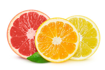 Grapefruit, orange and lemon slices on an isolated white background. citruses.
