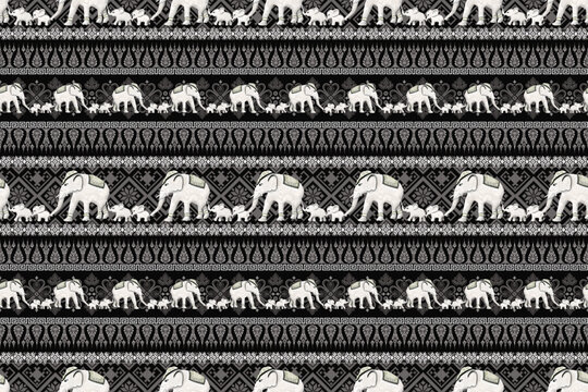 Ethnic Thai elephants family traditional seamless pattern.  Vector design for fabric, carpet, embroidery, tile, wallpaper and background