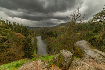 Valley of river Ohre view from old chapel in rainy spring day near Kyselka spa