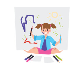 Happy little girl with colorful pencils and markers flat style