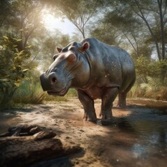 Fototapeta premium Hippopotamus in natural habitat (generative AI)