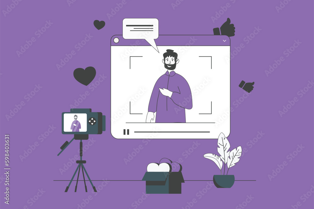 Poster blogging web concept with character scene in flat design. people creating content for followers, rec