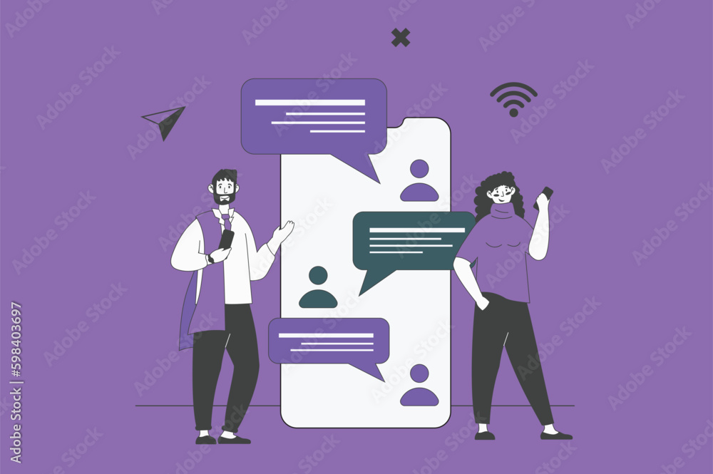 Aufkleber Communication via mobile web concept with character scene in flat design. People sending messages in chats, communicating in social media. Vector illustration for social media marketing material.