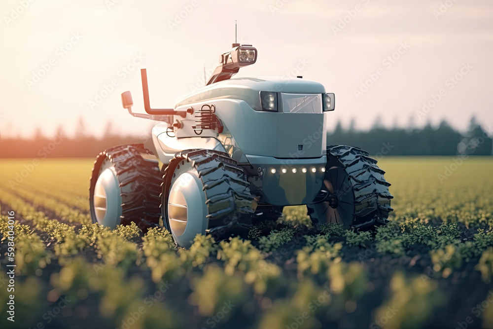 Poster unmanned automatic robot working in agricultural field. smart futuristic technologies in agriculture