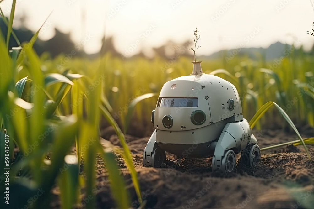 Poster unmanned automatic robot working in agricultural field. smart futuristic technologies in agriculture