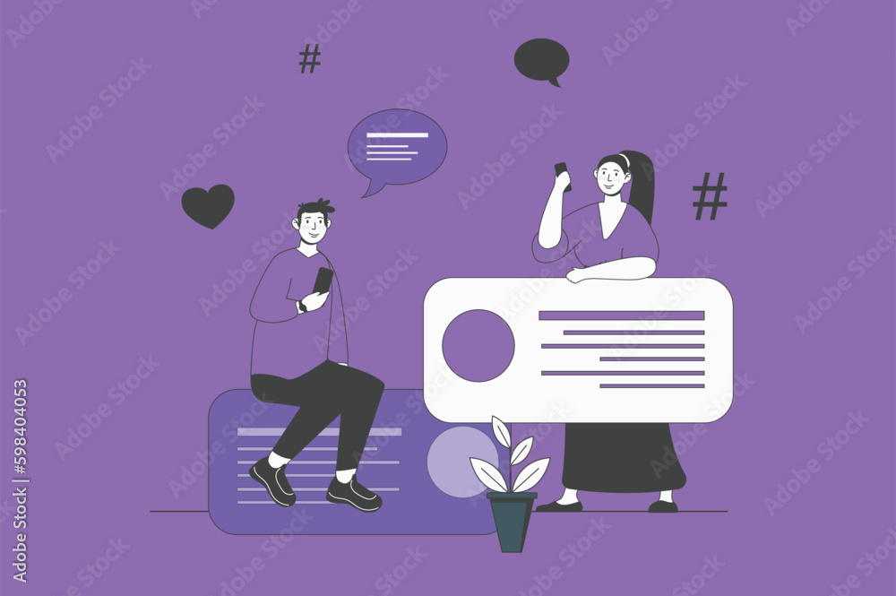Poster forum web concept with character scene in flat design. people texting online, leave messages in chat