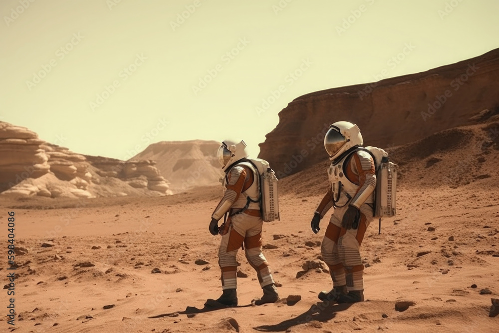 Wall mural astronauts wearing space suits walking on red planet. martian colony. mars colonization. created wit