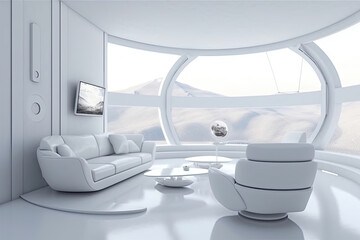 Futuristic room interior. Modern living room, minimalistic style. Created with Generative AI