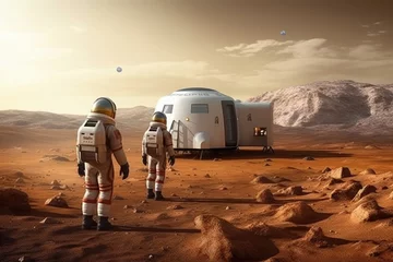Rolgordijnen Astronauts wearing space suits walking on red planet, standing near base for colonization. Martian colony. Created with Generative AI © Lazy_Bear
