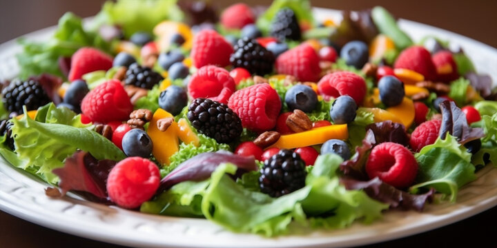 Realistic shot of colorful summer salad with mixed greens, berries, and balsamic vinaigrette  Generative Ai Digital Illustration