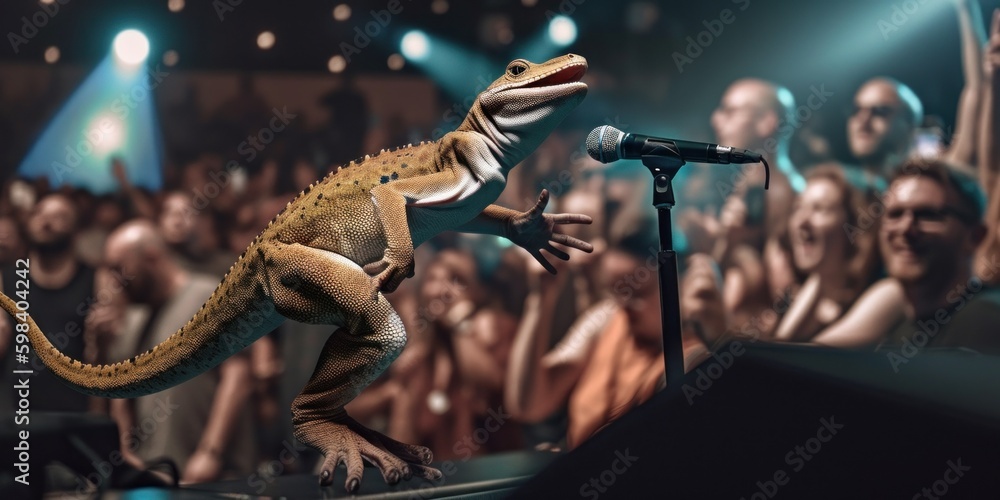 Poster a lizard that is standing on a stage. ai generative image.