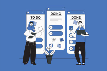 Kanban web concept with character scene in flat design. People using cards with tasks on board for visualizing workflow and works on project. Vector illustration for social media marketing material.