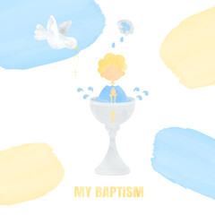 Christening of a Baby in Festive Attire Sitting in a Baptismal Font with Holy Water Pouring from a Shell onto the Head and a Dove Flying with a Cross in its Beak Watercolor Illustration