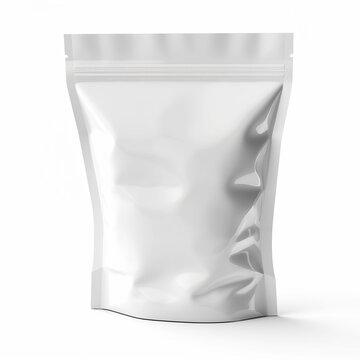 Blank white plastic bag with zip-lock mockup on white background. Plastic bag for coffee, candy, nuts or spices, food pouch. healthy foods, organic, biological, sport, Fitness mockup Generative AI