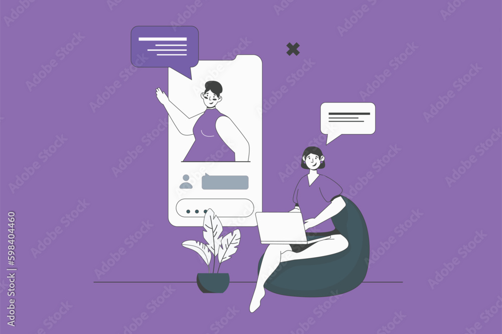 Aufkleber Online video call web concept with character scene in flat design. People talk in video programm, discussing work tasks at virtual conference. Vector illustration for social media marketing material.