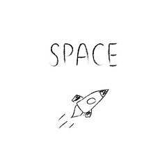 Doodle cosmos illustration in childish style. Hand drawn space card with lettering, rocket. Black and white.