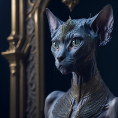 An elegant sphinx cat adorned with Swarovski crystals and diamonds in the Hall of Mirrors. Surrealism. Futurism,