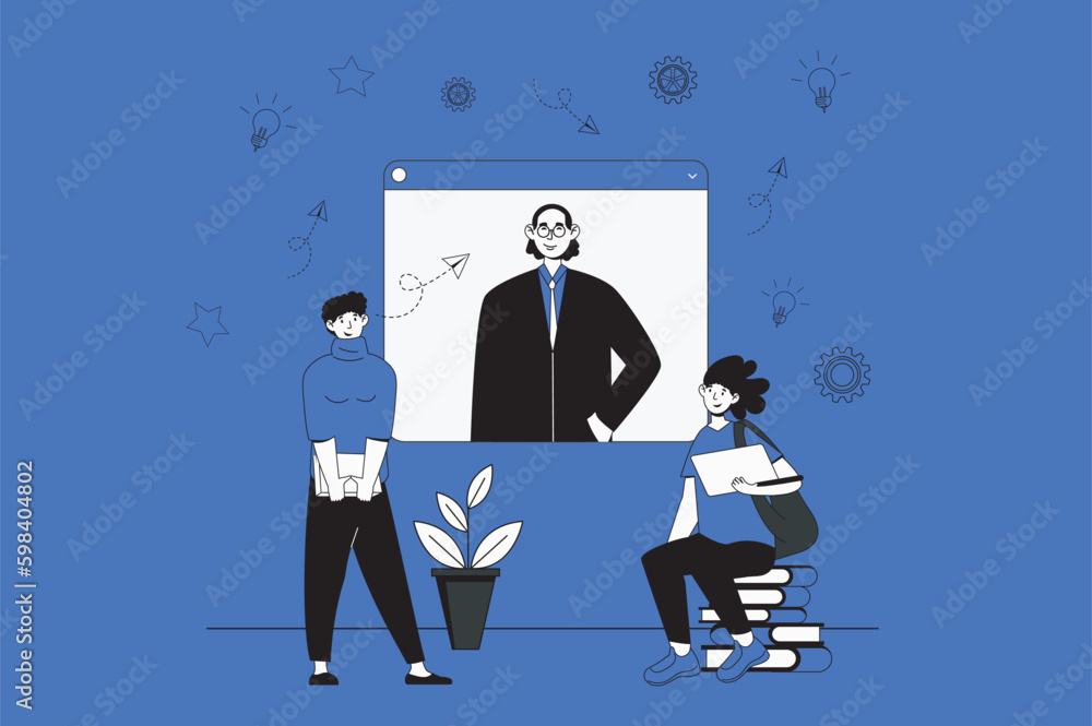 Poster Video lesson web concept with character scene in flat design. People learning online and listening teacher at webinar at educational platform. Vector illustration for social media marketing material.