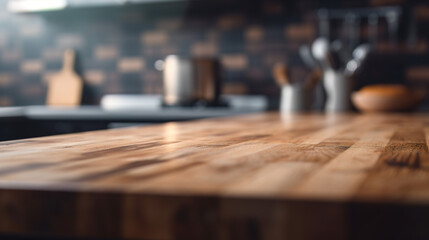 Obraz na płótnie Canvas Empty wooden tabletop with blurred kitchen background. Mock up for display or montage of product. Blur kitchen counter background for montage product display for visual layout. Generative AI