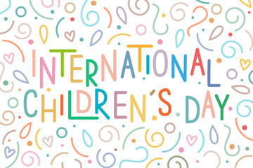 International Children’s Day greeting concept. Multicolored text in line art style on a white background.