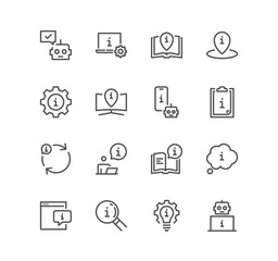 Set of info and help desk realted icons, privacy policy, manual, rule, instruction, inform, guide, reading, info center and linear variety vectors.