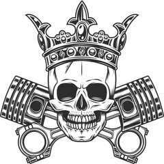 Biker skull in crown and crossed engine pistons service rapair motorcycle, car and truck business in vintage monochrome isolated illustration