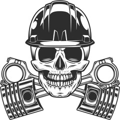 Skull biker in hard hat construction helmet and crossed engine pistons service rapair motorcycle, car and truck business in vintage monochrome isolated illustration