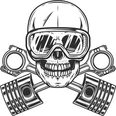 Motorcyclist biker skull in construction safety glasses and crossed engine pistons service rapair motorcycle, car and truck business in vintage monochrome isolated illustration
