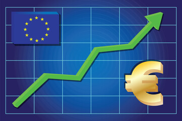 Infographic showing euro currency growth on a graph. Rising euro rate in vector illustration EPS10.