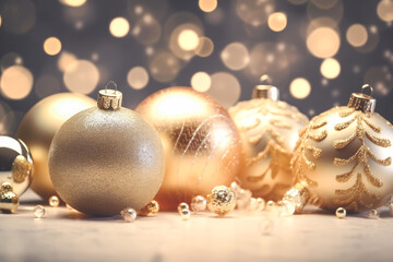 Beautiful Christmas balls on bokeh blur background. Merry Christmas and Happy New Year greeting card. Generative AI.