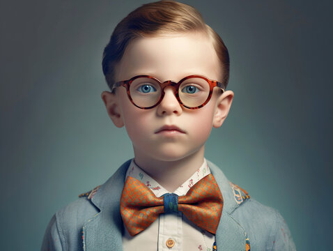 Boy with glasses. Wearing a shirt with a bow tie. Nerd elementary student. Generative AI