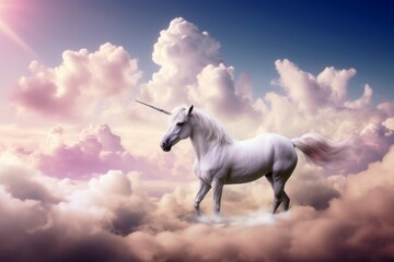 Obraz na płótnie Canvas A beautiful unicorn surrounded by soft clouds created with generative AI technology.