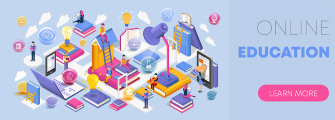Isometric flat design for online education. Modern vector graphics for e-learning platforms, websites, and apps. The concept of reading books.
