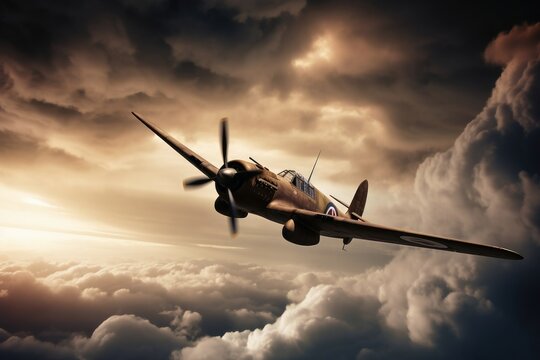A second world war fighting plane in a dramatic sky created with generative AI technology.