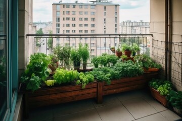 A small vegetable garden on a balcony in a big city created with generative AI technology. - obrazy, fototapety, plakaty