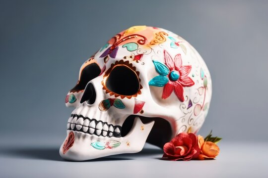 A skull for Dia de Los Muertos on light background created with generative AI technology.
